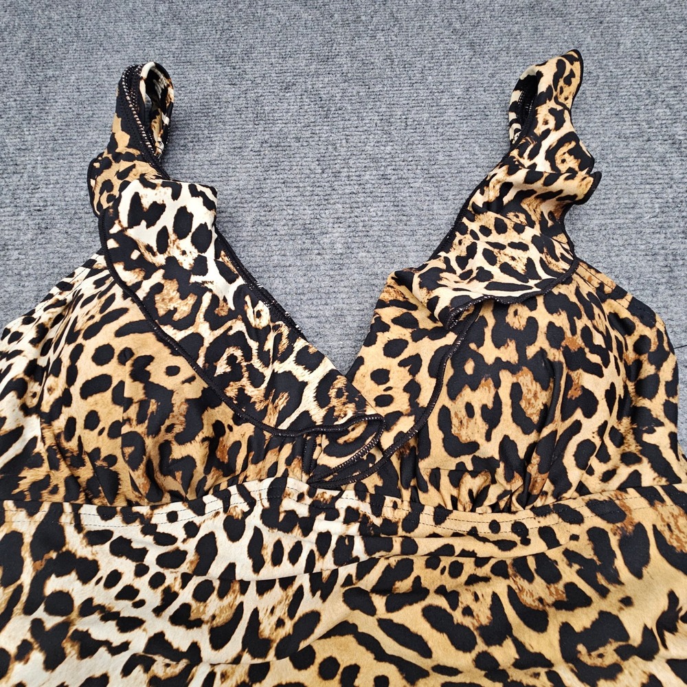 DKNY One Piece Swimsuit Women UPF 40+ M Brown Leopard Print Ruffle Tummy Control - Picture 2 of 9